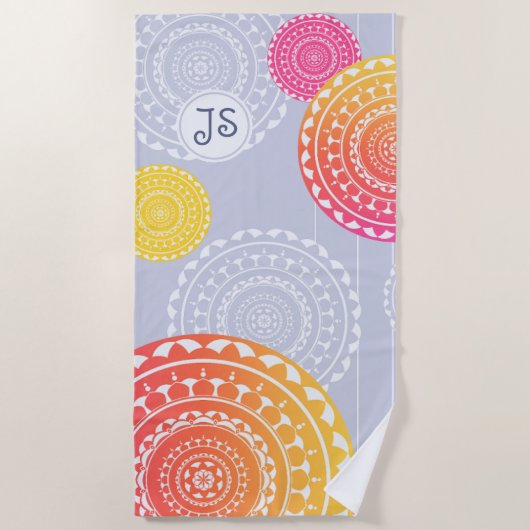 ピンク鮮やかイエローランダムマンダラモノグラム ビーチタオル (正面)