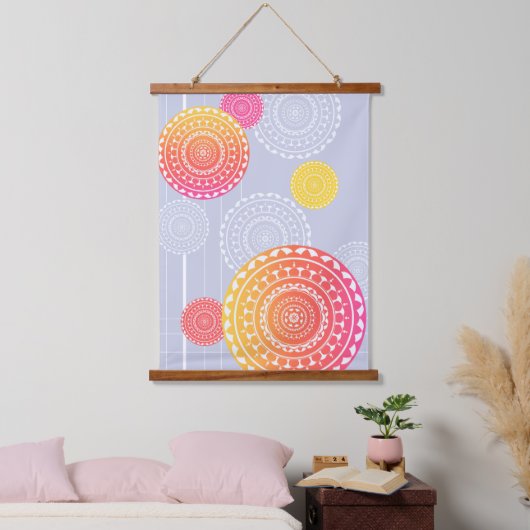 ピンク鮮やかイエローランダムマンダラ 吊り下げ型タペストリー (寝室)