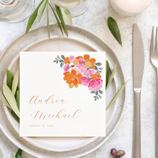 ピンク鮮やかオレンジサマーフローラ結婚開花 スタンダードカクテルナプキン