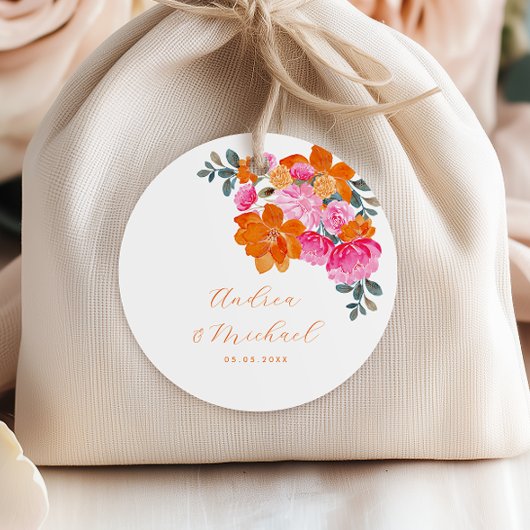 ピンク鮮やかオレンジフローラ夏のカスタムウェディング フェイバータグ