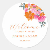 ピンク鮮やかオレンジフローラ夏結婚の歓迎 ラウンドシール (正面)