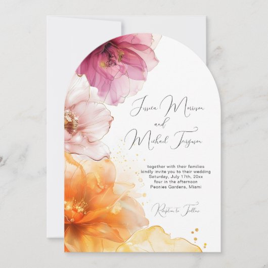 ピンク鮮やかオレンジ色の水カラーフローラ結婚アーチ 招待状 (正面)