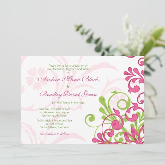 ピンク鮮やかグリーンホワイトフローラ結婚式招待状 招待状 (スタンド正面)