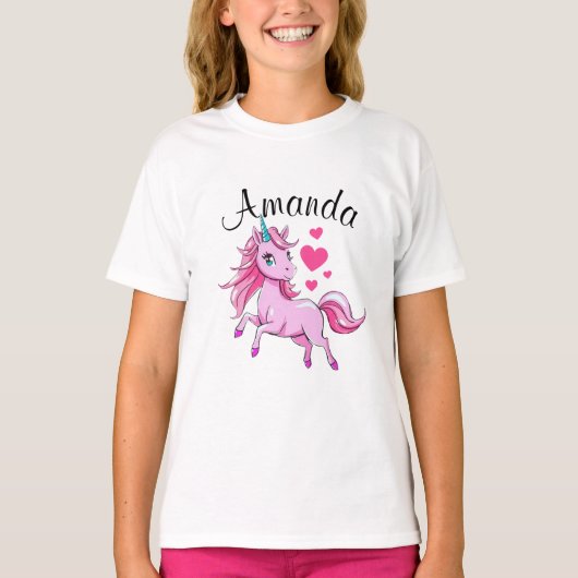 ピンク鮮やかジャンプUnicorn女の子の名前 Tシャツ (正面)