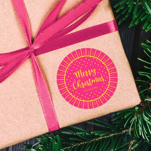 ピンク鮮やかスターバストスクリプトメリークリスマス ラウンドシール