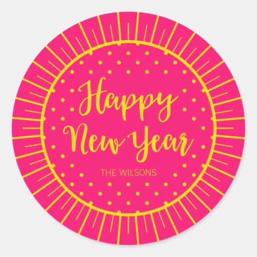 ピンク鮮やかスターバストスクリプト新年おめでとう ラウンドシール (正面)