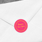 ピンク鮮やかスターバストスクリプト新年おめでとう ラウンドシール