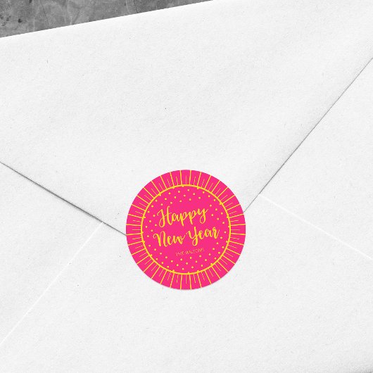 ピンク鮮やかスターバストスクリプト新年おめでとう ラウンドシール
