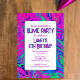 ピンク鮮やかティール（緑がかった色）グルービー誕生日スライムパーティー 招待状