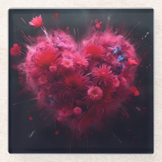 ピンク鮮やかハートバースト ガラスコースター (正面)