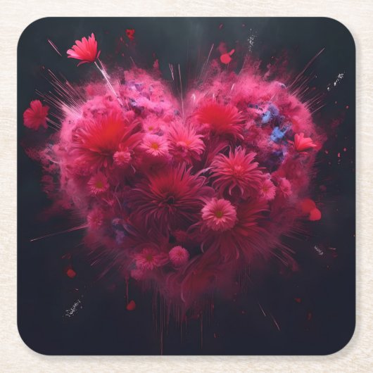 ピンク鮮やかハートバースト スクエアペーパーコースター (正面)