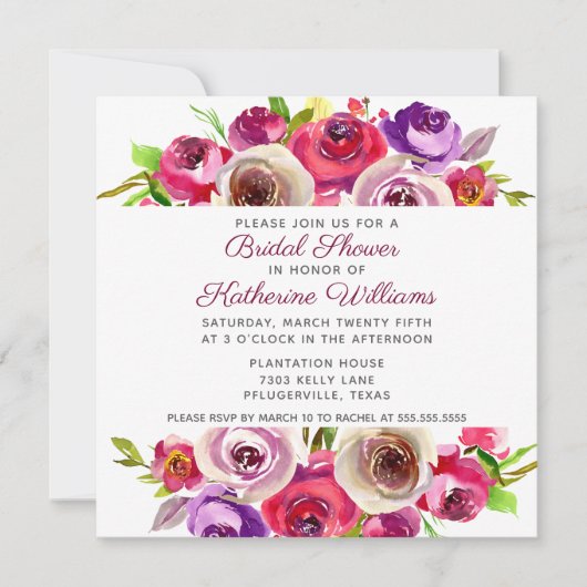 ピンク鮮やかフローラロマンチックガーデンブライダルシャワー 招待状 (正面)