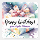 ピンク鮮やかボウ付き水色誕生日ギフトボックス スクエアシール (正面)