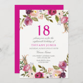 ピンク鮮やかボタニカルフローラ18番目の誕生日招待状 招待状 (正面/裏面)