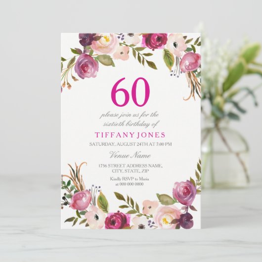 ピンク鮮やかボタニカルフローラ60番目の誕生日招待状 招待状 (スタンド正面)