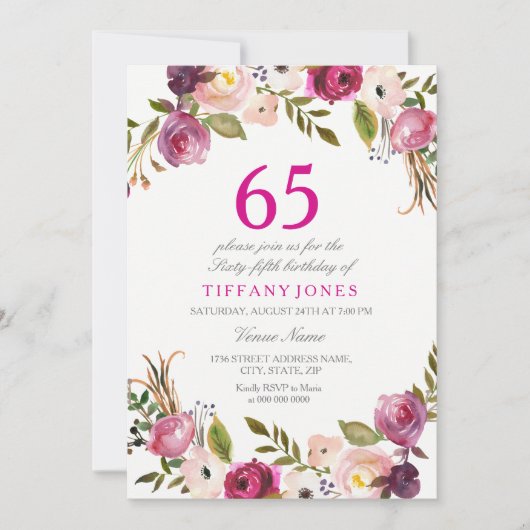 ピンク鮮やかボタニカルフローラ65番目の誕生日招待状 招待状 (正面)