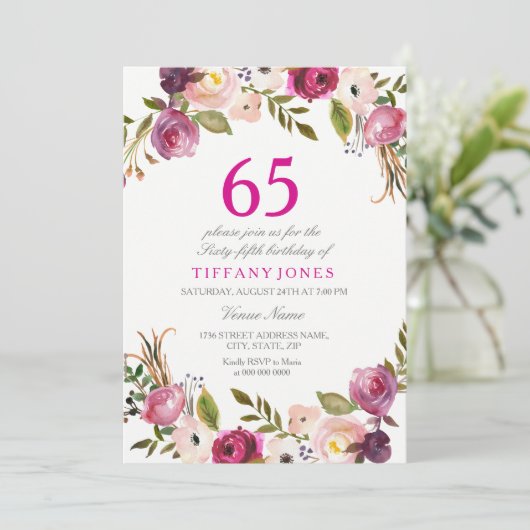 ピンク鮮やかボタニカルフローラ65番目の誕生日招待状 招待状 (スタンド正面)