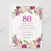 ピンク鮮やかボタニカルフローラ80番目の誕生日招待状 招待状 (正面)