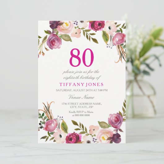ピンク鮮やかボタニカルフローラ80番目の誕生日招待状 招待状 (スタンド正面)