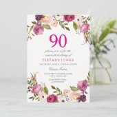 ピンク鮮やかボタニカルフローラ90番目の誕生日招待状 招待状 (スタンド正面)