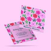 ピンク鮮やかレトロヴィンテージ花タイポグラフィ スクエア名刺