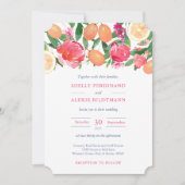 ピンク鮮やか花模様シトラスダークブルー結婚タイル 招待状 (正面)
