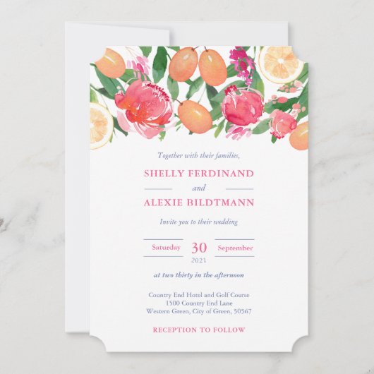 ピンク鮮やか花模様シトラスダークブルー結婚タイル 招待状 (正面)