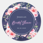 ピンク鮮やか&パープルフローラネオンブライダルシャワー ラウンドシール (正面)