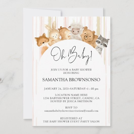 ピンク黄色かわいい動物の予算ああ赤ちゃんシャワー 招待状 (正面)