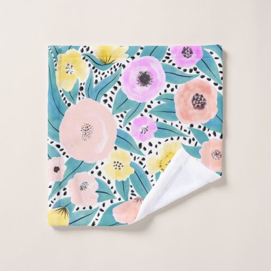 ピンク黄色のフローラ水玉模様水彩パターン ウォッシュタオル (ウォッシュタオル)