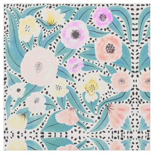 ピンク黄色のフローラ水玉模様水彩パターン ファブリック (クローズアップ)