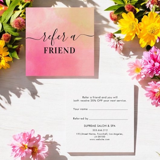 ピンク黄色の水彩のお客様紹介カード 紹介カード