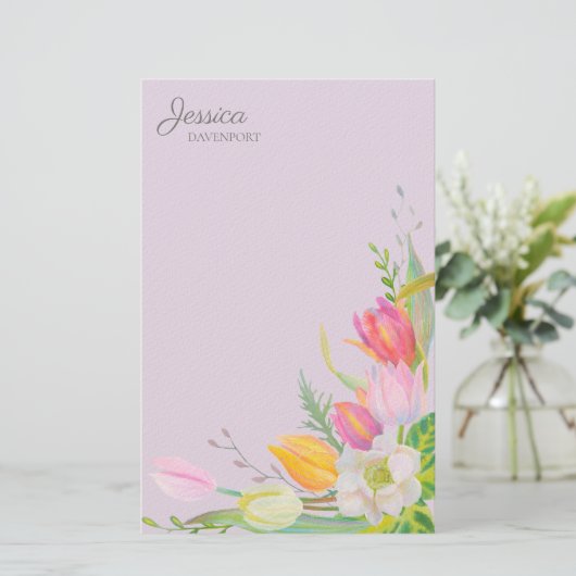 ピンク黄色の水色チューリップ春の花 便箋 (スタンド正面)