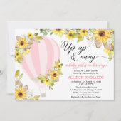 ピンク黄色の熱気球ひまわり女の子のベビー 招待状 (正面)