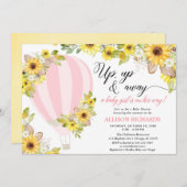 ピンク黄色の熱気球ひまわり女の子のベビー 招待状 (正面/裏面)