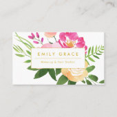 ピンク黄色の緑のフローラ水色の花 名刺 (正面)