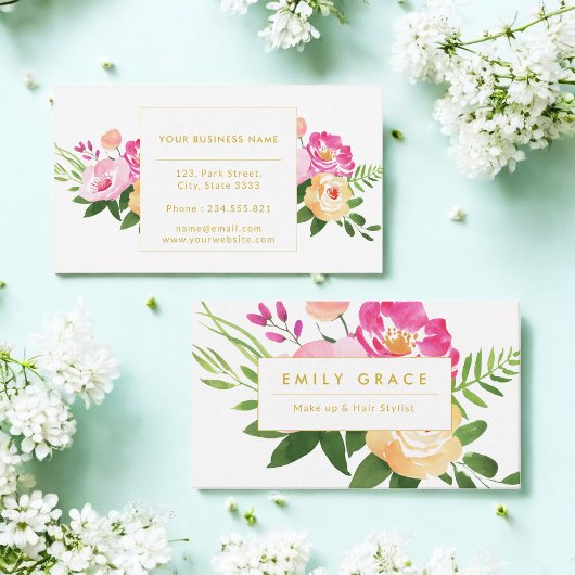 ピンク黄色の緑のフローラ水色の花 名刺
