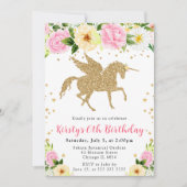 ピンク黄色の花金ゴールドユニコーン誕生日パーティー 招待状 (正面)