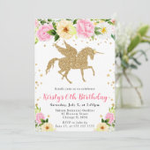 ピンク黄色の花金ゴールドユニコーン誕生日パーティー 招待状 (スタンド正面)