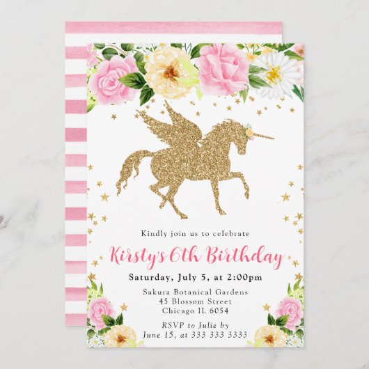 ピンク黄色の花金ゴールドユニコーン誕生日パーティー 招待状 (正面/裏面)