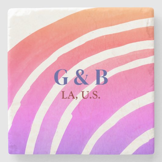 ピンク黄色の虹カップル名場所都市結婚式 ストーンコースター (正面)