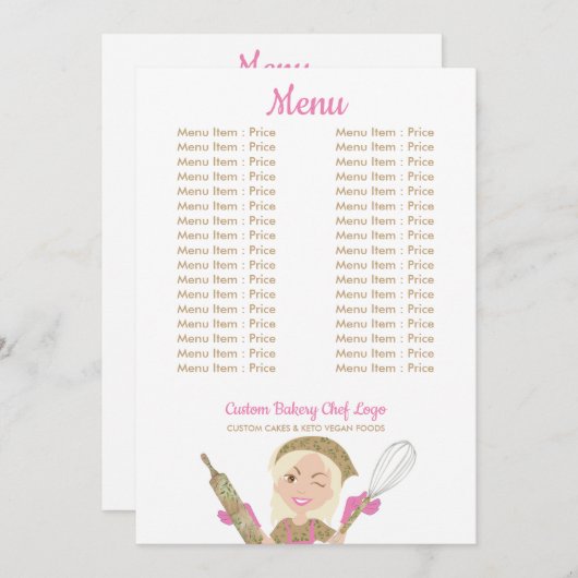 ピンク黄色の長い髪のパン屋の少女シェフ ヴィーガン パティシエ メニュー (正面/裏面)