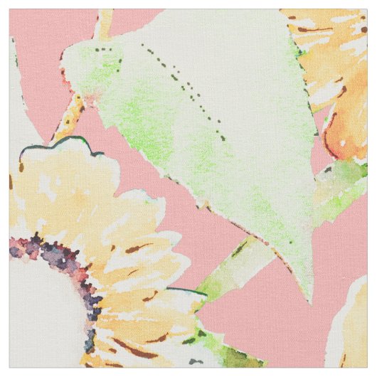 ピンク黄色ひまわり花水彩フローラ ファブリック (クローズアップ)