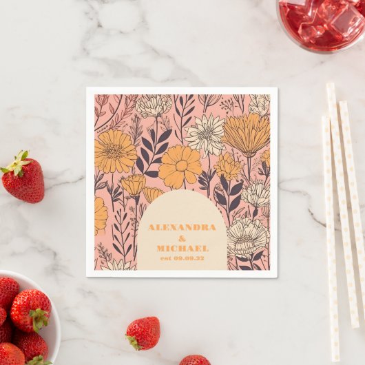 ピンク黄色オレンジ色の野結婚花 スタンダードカクテルナプキン (インサイチュ)