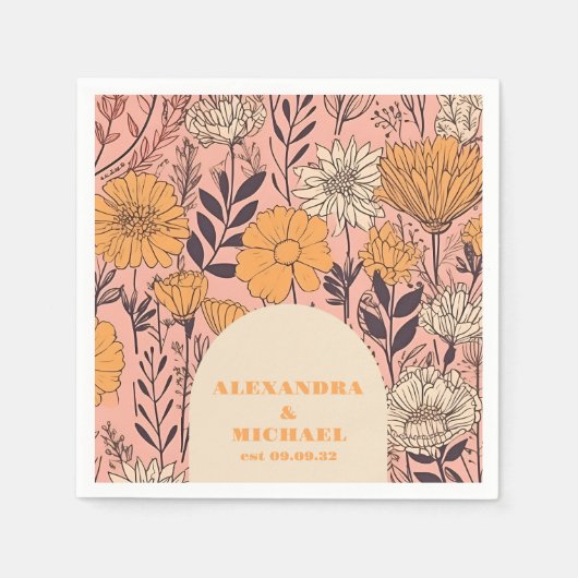 ピンク黄色オレンジ色の野結婚花 スタンダードカクテルナプキン (正面)