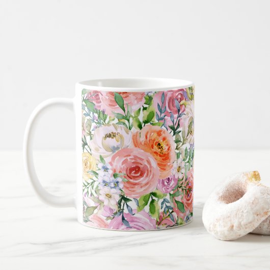 ピンク黄色オレンジ色バラ花模様 コーヒーマグカップ (ドーナツ)