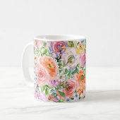 ピンク黄色オレンジ色バラ花模様 コーヒーマグカップ (正面左)