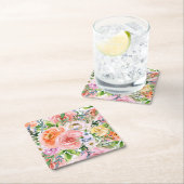 ピンク黄色オレンジ色バラ花模様 スクエアペーパーコースター (インサイチュ)