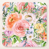 ピンク黄色オレンジ色バラ花模様 スクエアペーパーコースター (正面)
