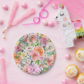 ピンク黄色オレンジ色バラ花模様 ペーパープレート (パーティー)